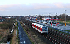 628 502 unterwegs als Sytshuttle Plus SSP1439 bei Niebüll auf der Marschbahn